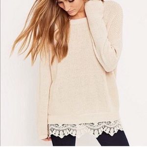Anthropologie | Cream Knit Long Sleeve With Lace Trim